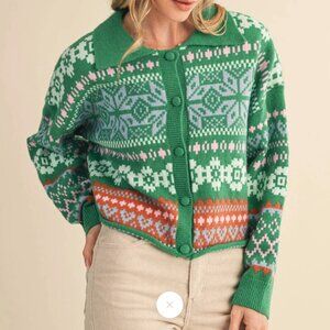 NWT &merci Cardigan Sweater, Relaxed Fit, Festive Fair Isle Print - Womens Large
